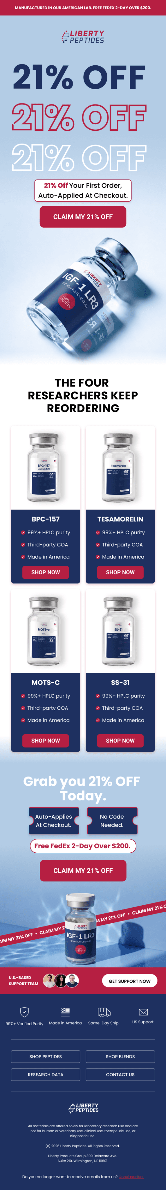 Liberty Peptides promotional email